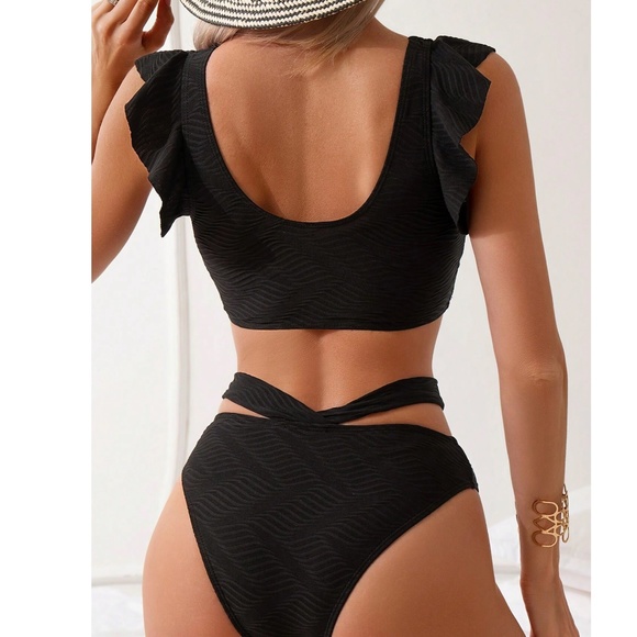 Black Ruffle Sleeve High Waist Swim Beach Bikini - Picture 3 of 4